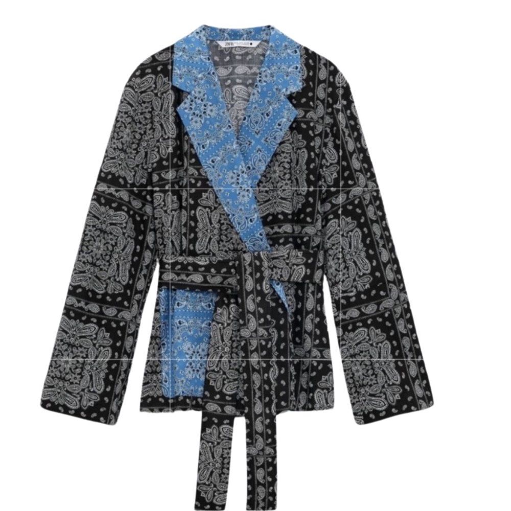 Zara Black and Blue Patterned Blouse